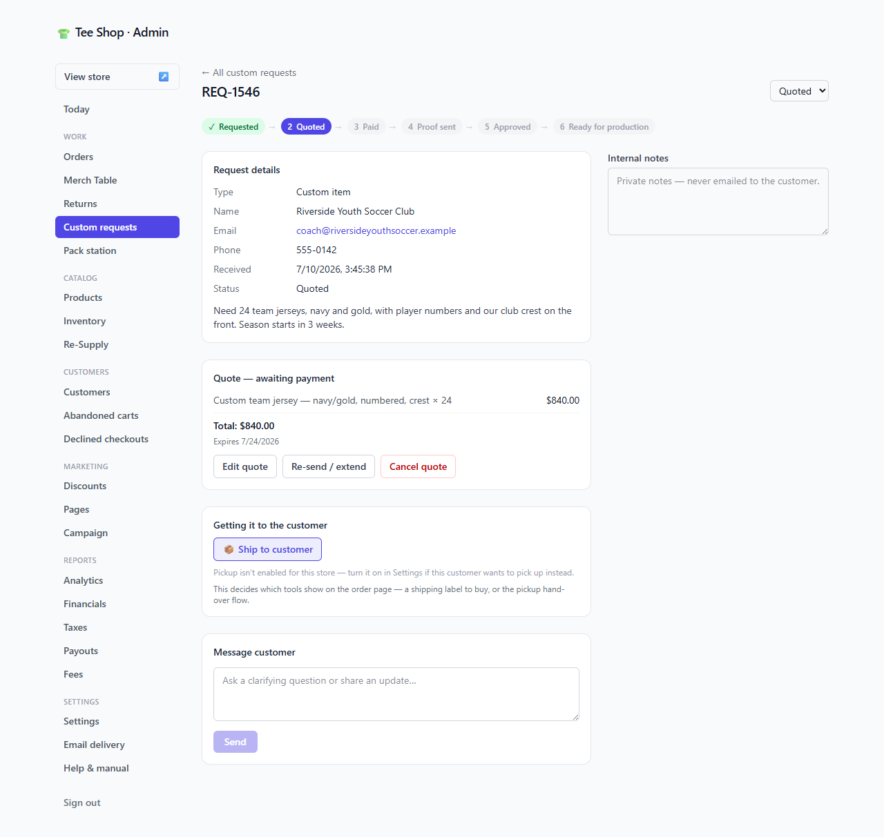 Custom request detail page with request details, a quote awaiting payment, and a ship-to-customer action